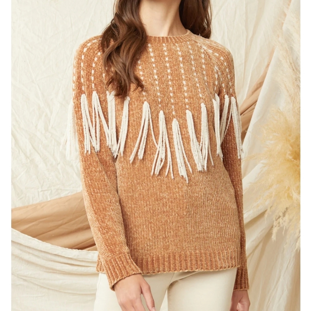 NEW ENTRO Chenille Tassel Fringe Sweater Tan Cream Size S